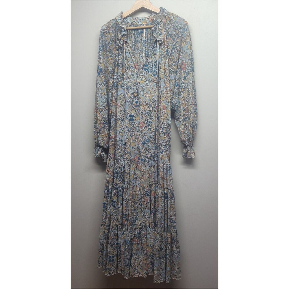 Free People Maxi Dress Women M Blue Floral Oversized Cottagecore Boho Peasant